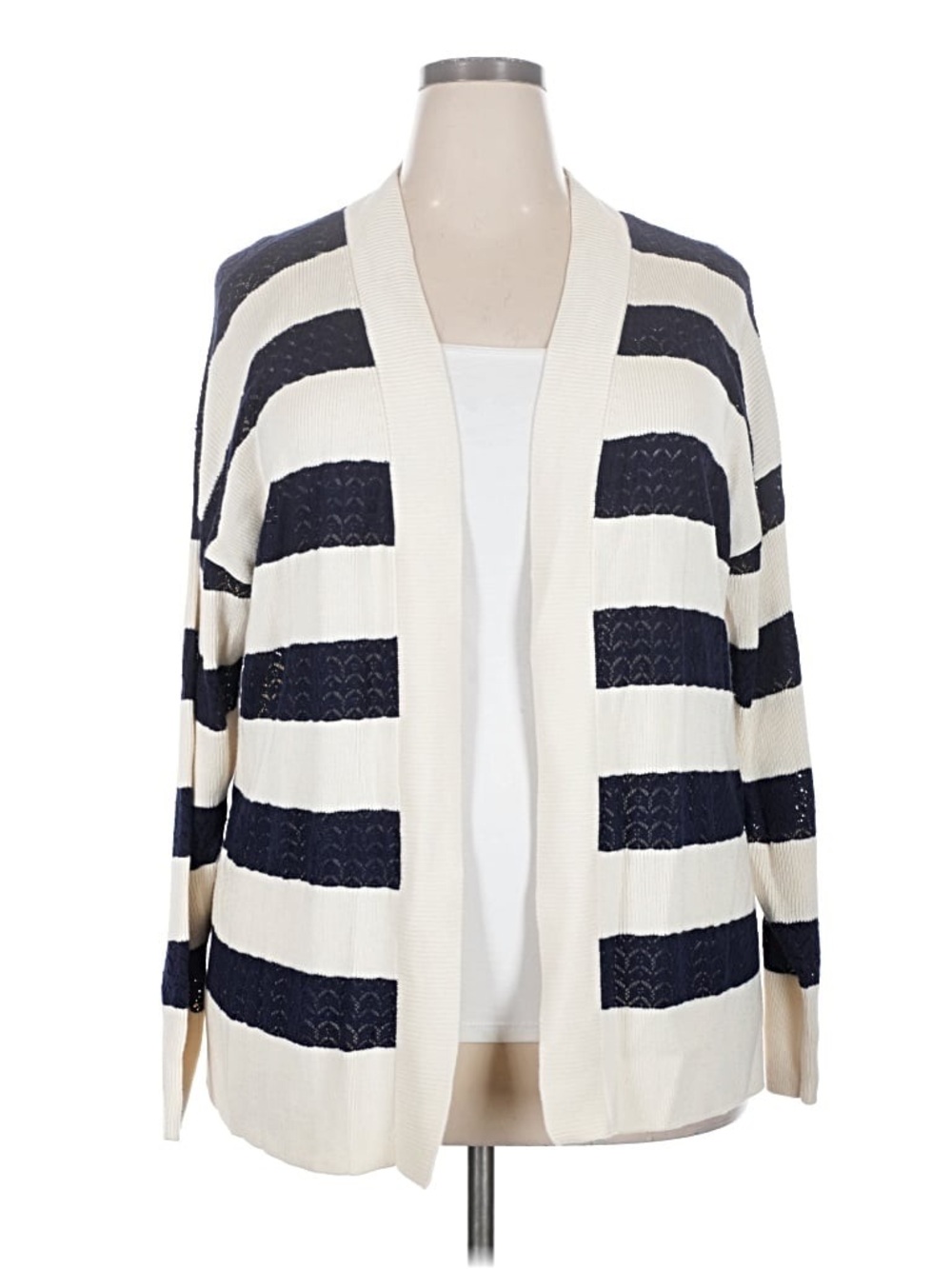 Lane Bryant Open Front Striped Lace Knit Cardigan - Ivory & Navy